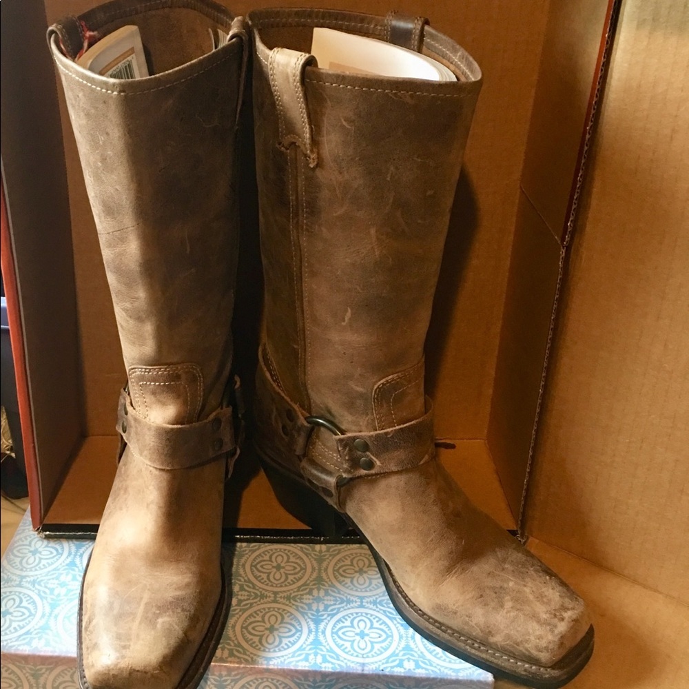BCBG Distressed Leather Harness Cowgirl Boots